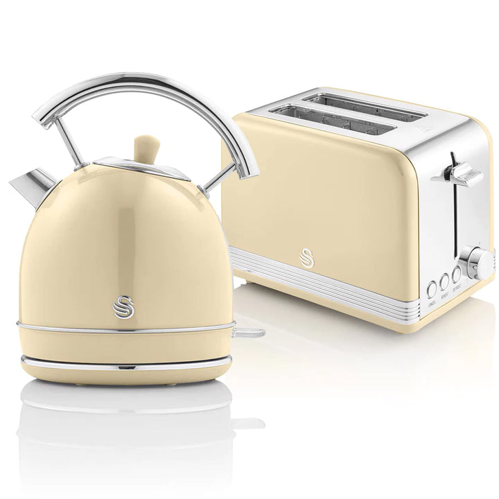 Swan Retro Set Frühstückswasserkocher 1,8L Kabelloser Wasserkocher mit Edelstahl-Heizelement, 2 Sche