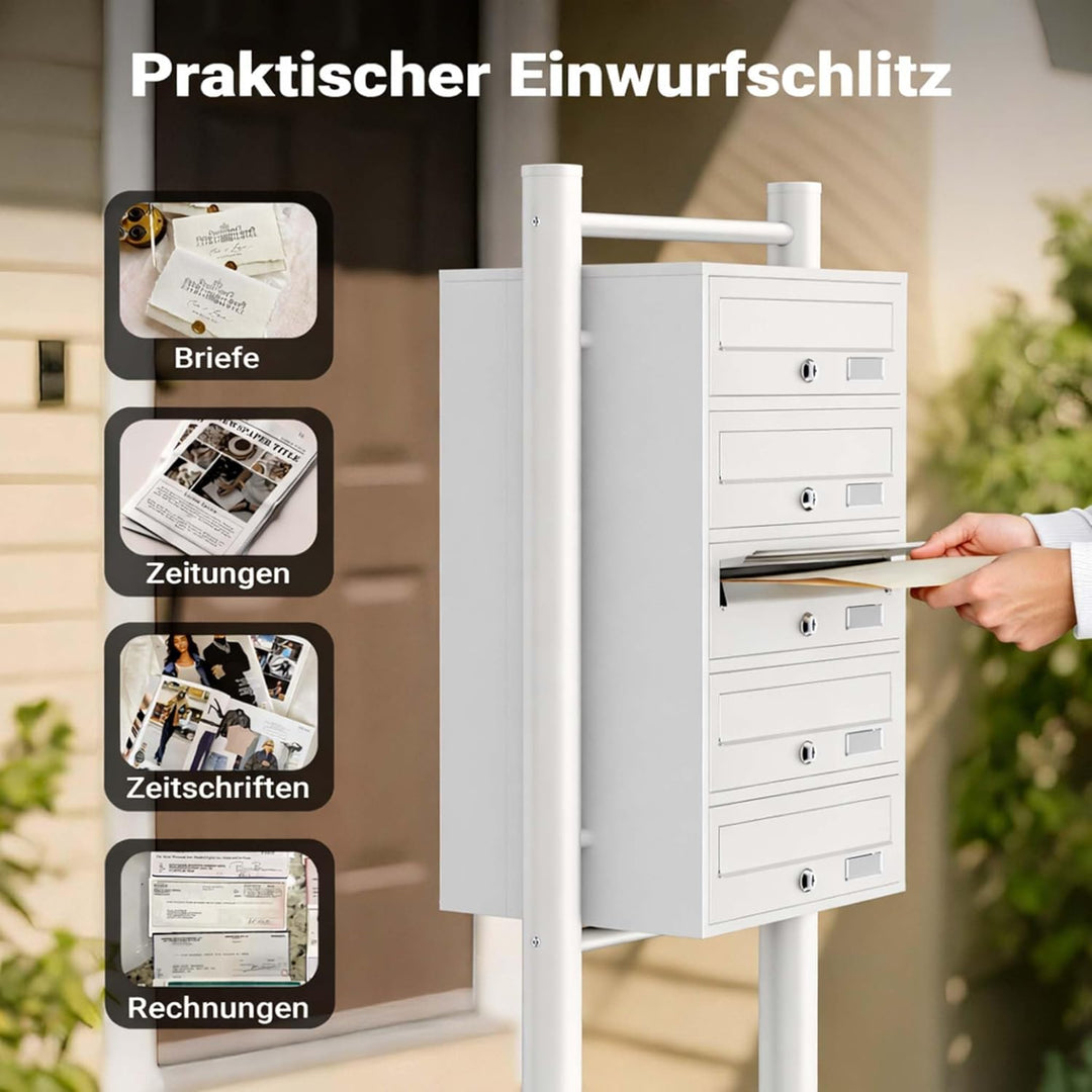 Wiltec 5er Briefkastenanlage weiss 270 x 513 x 1500 mm, Standbriefkasten mit 5 Fächern, Schlüssel un