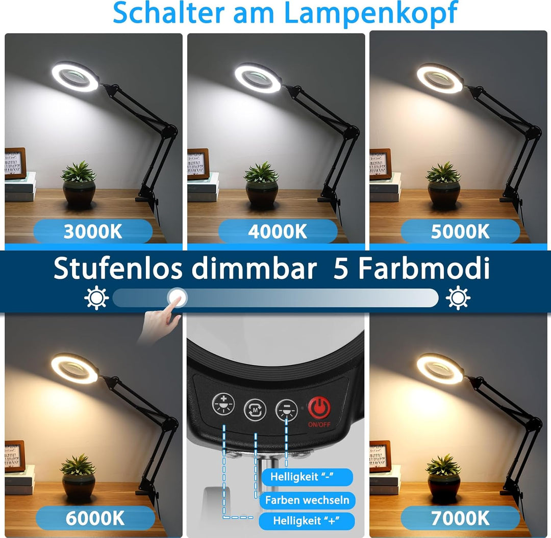 10X Lupe mit Licht und Klemme, LED Lupenlampe mit Glaslinse, 5 Farbmodi Stufenlosem Dimmen, Lupe mit