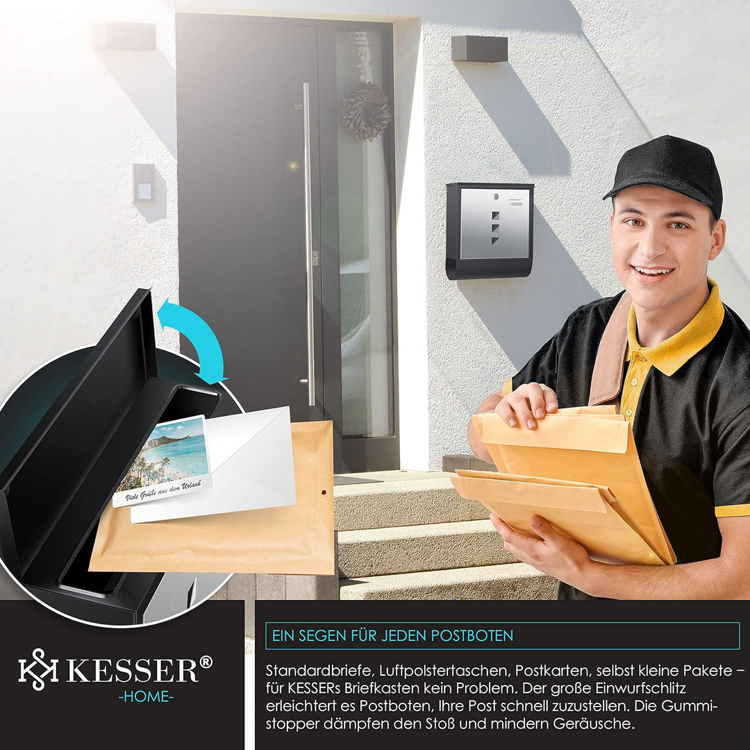 KESSER® Briefkasten Edelstahl mit Zeitungsfach Namensschild, Sichtfenster, gebürstet, 3X Schlüssel a