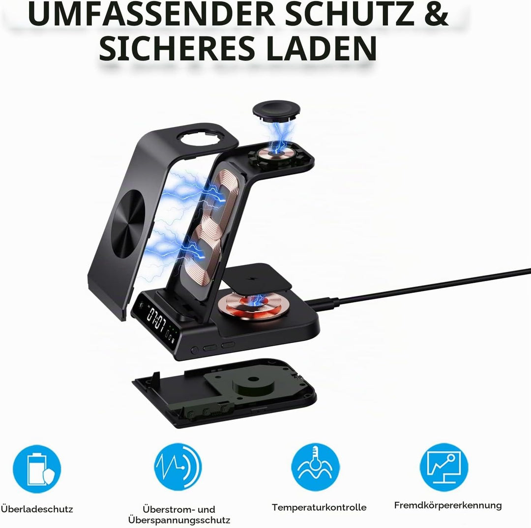Kabellose Ladestation für Apple, 3 in 1 Kabellose Ladestation mit Digitaluhr, für iPhone 15/14/13/12