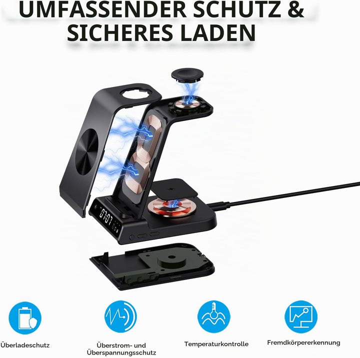 Kabellose Ladestation für Apple, 3 in 1 Kabellose Ladestation mit Digitaluhr, für iPhone 15/14/13/12