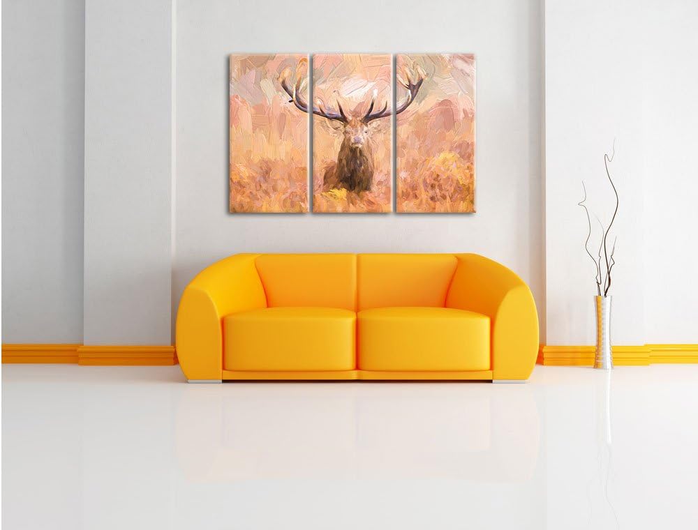Pixxprint Grosser Hirsch im Feld Kunst als Leinwandbild/Grösse: 3 Teilig (120x80 cm) cm/Wandbild/Kun