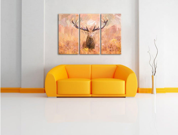 Pixxprint Grosser Hirsch im Feld Kunst als Leinwandbild/Grösse: 3 Teilig (120x80 cm) cm/Wandbild/Kun