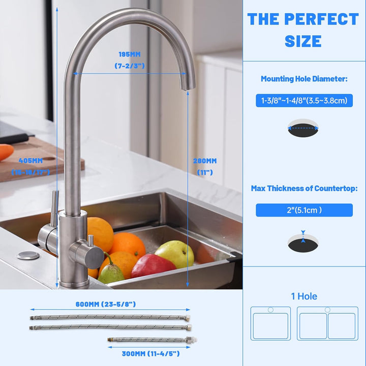 DAYONE 3 Wege Wasserhahn Küche, Trinkwasserhahn mit 2 Hebel, 360° Drehbar Wasserhahn Küche Edelstahl