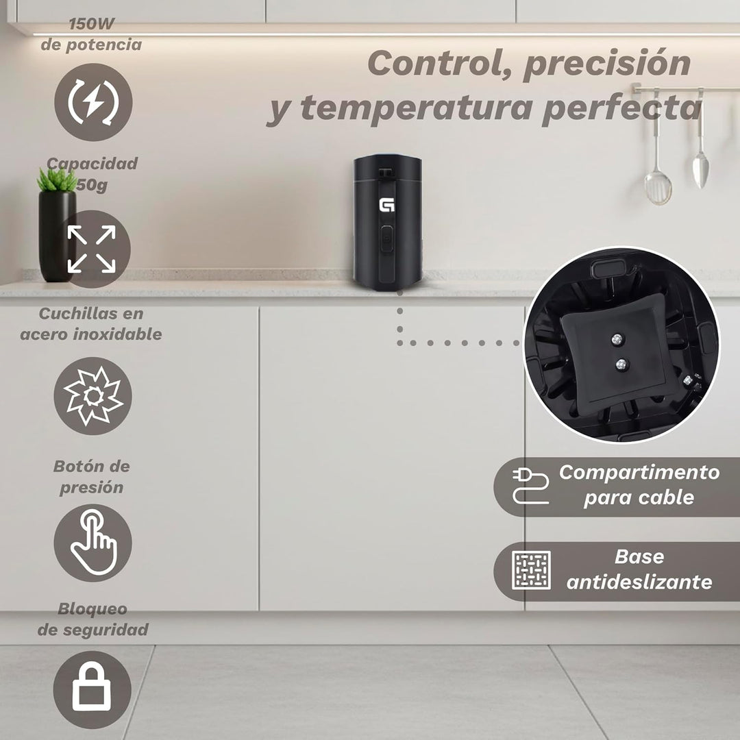 Grunkel Elektrische Kaffeemühle mit Druckknopf und transparentem Visier - MO-150R - Kapazität 50 g,