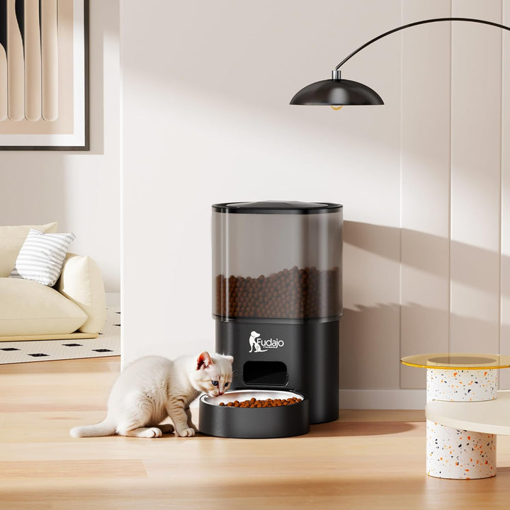 Fudajo Futter- und Trinkautomat für Katzen & Hunde in Schwarz, 3 L Futterspender und 2,5 L Trinkbrun