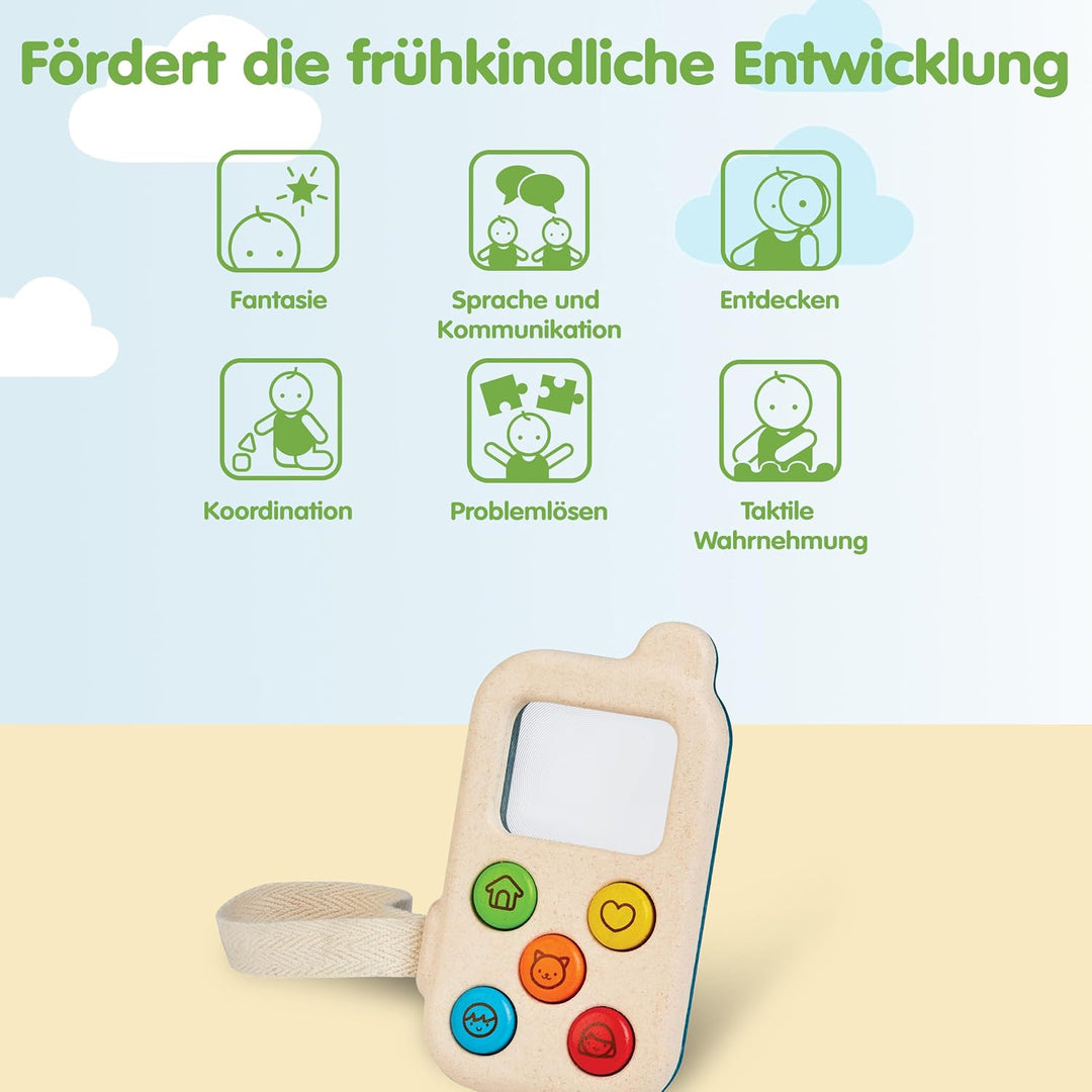 PlanToys Mein erstes Handy - Kinder Handy aus Holz - Kindertelefon mit Lupenbildschirm - mit Handsch