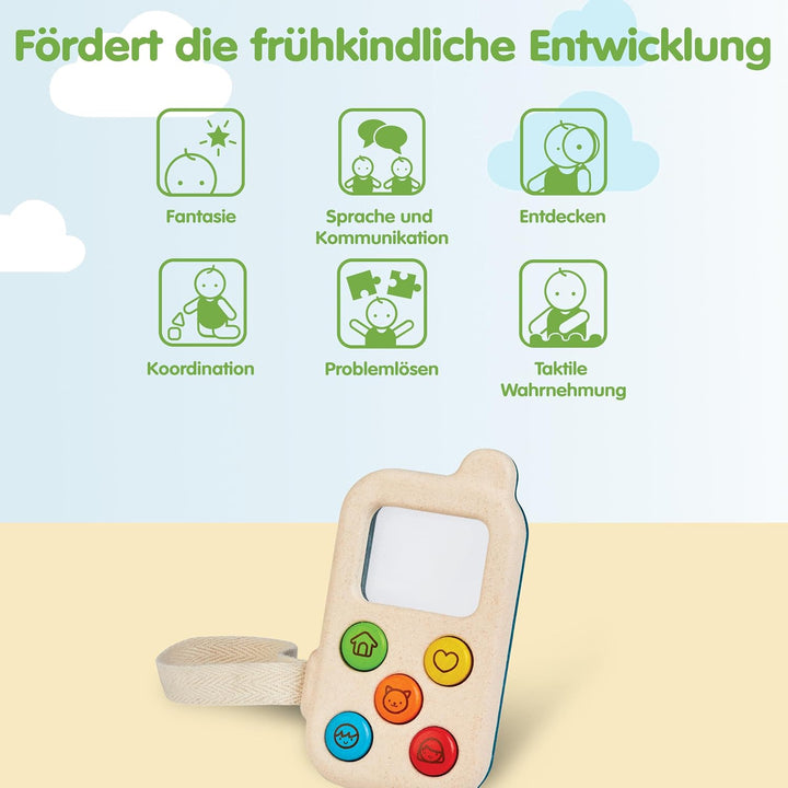 PlanToys Mein erstes Handy - Kinder Handy aus Holz - Kindertelefon mit Lupenbildschirm - mit Handsch