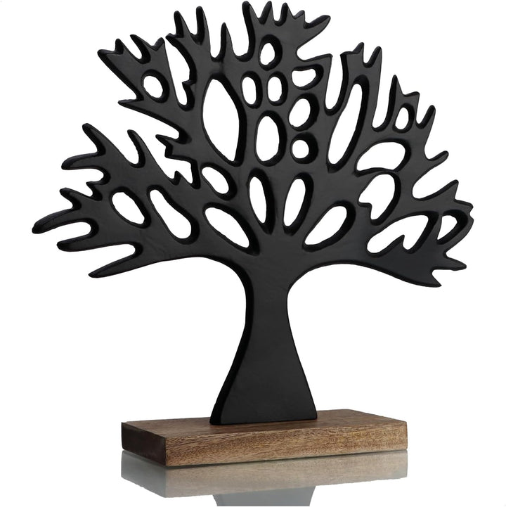 com-four® Deko-Aufsteller Baum - Metall-Baum auf Mangoholz-Sockel - Deko-Baum aus Metall zum Hinstel