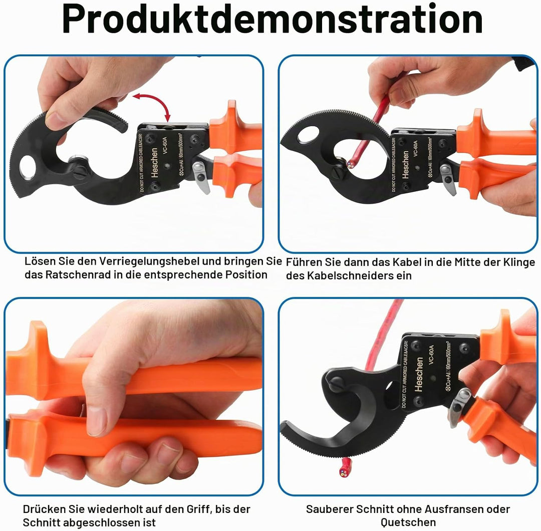 Heschen Ratschen-Kabelschneider VC-60A für 60 mm/500 mm² Abisolierzange, Hand-Crimpzange