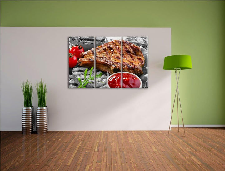 Saftiges Steak mit Grillkäse schwarz/weiss 3-Teiler Leinwandbild 120x80 Bild auf Leinwand, XXL riesi