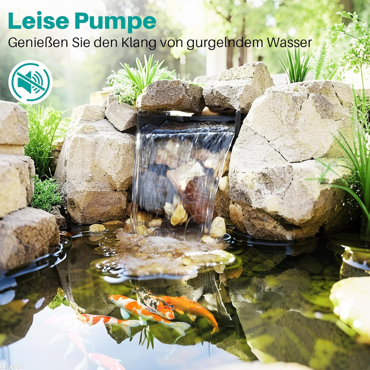 Biling Teich Wasserfall für Gartenteich, 20cm Edelstahl Teichwasserfall Set 40W 2500 L/H Teichpumpe