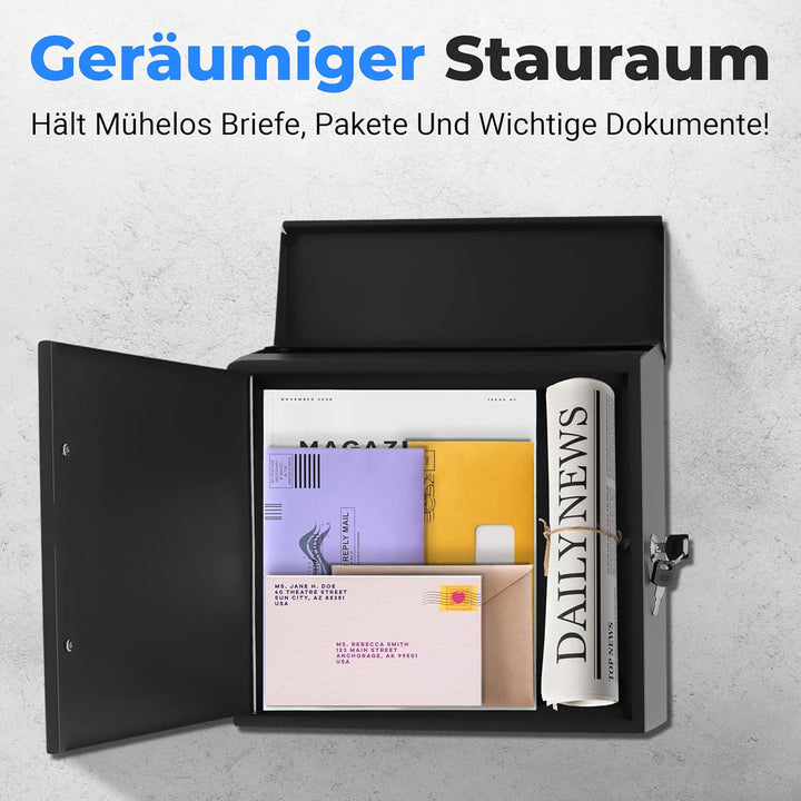 SereneLife Briefkasten Anthrazit – A4 Einwurf, 35x37x11,5cm, mit Schloss & 2 Schlüsseln, Wetterfest