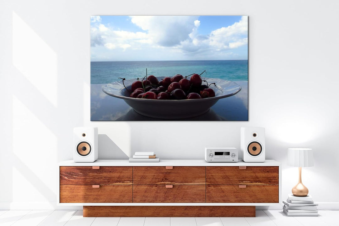 deyoli ein Teller appetitlicher Kirschen Format: 80x60 als Leinwandbild, Motiv fertig gerahmt auf Ec