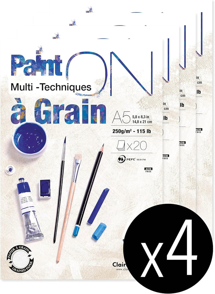 Clairefontaine 975048C - Packung mit 4 Blöcken Paint´ON à grain/gekörnt, DIN A5, kopfseitig geleimt,