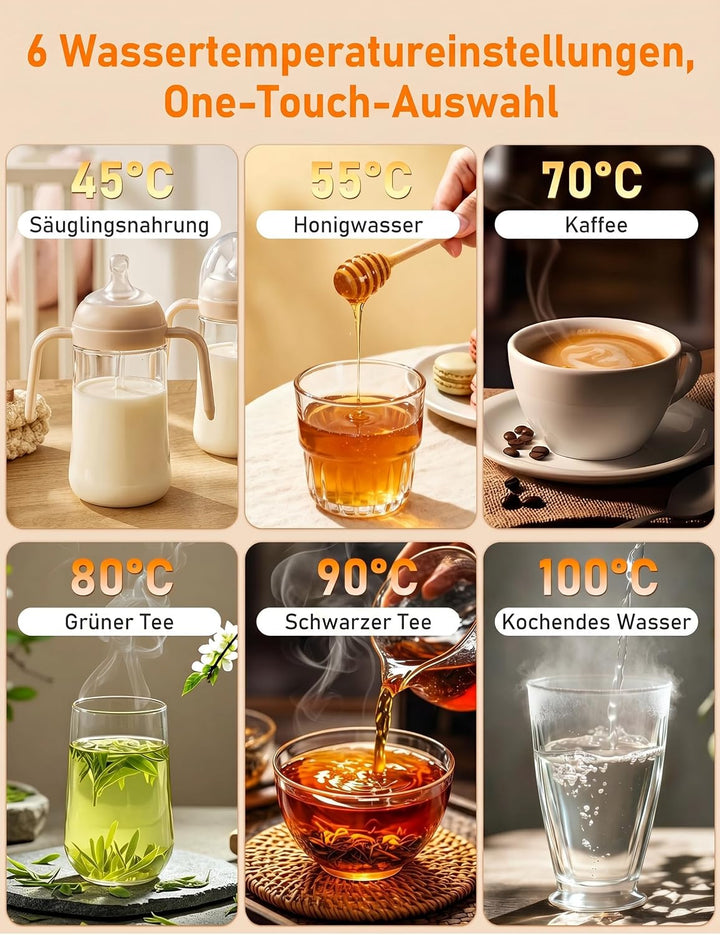 Reisewasserkocher, Mini Wasserkocher mit 9 Temperaturstufen, Tragegriff | 600ml, 4-in-1, Doppelschic