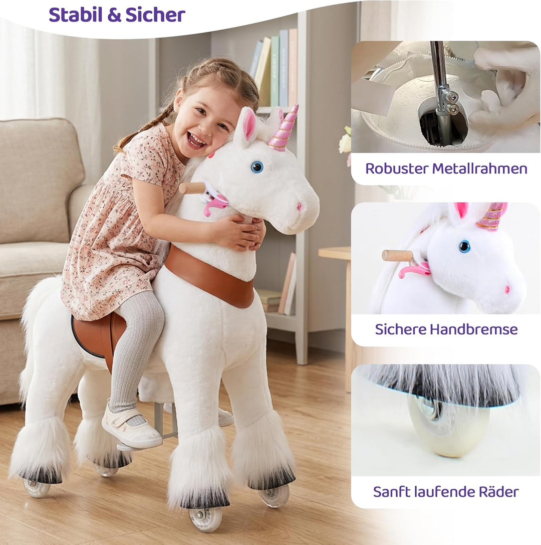 PonyCycleEinhorn Reitpferd für Kinder 3-4 Jahre, 76cm Hoch, Spielpferd mit Handbremse und Klang, Wei