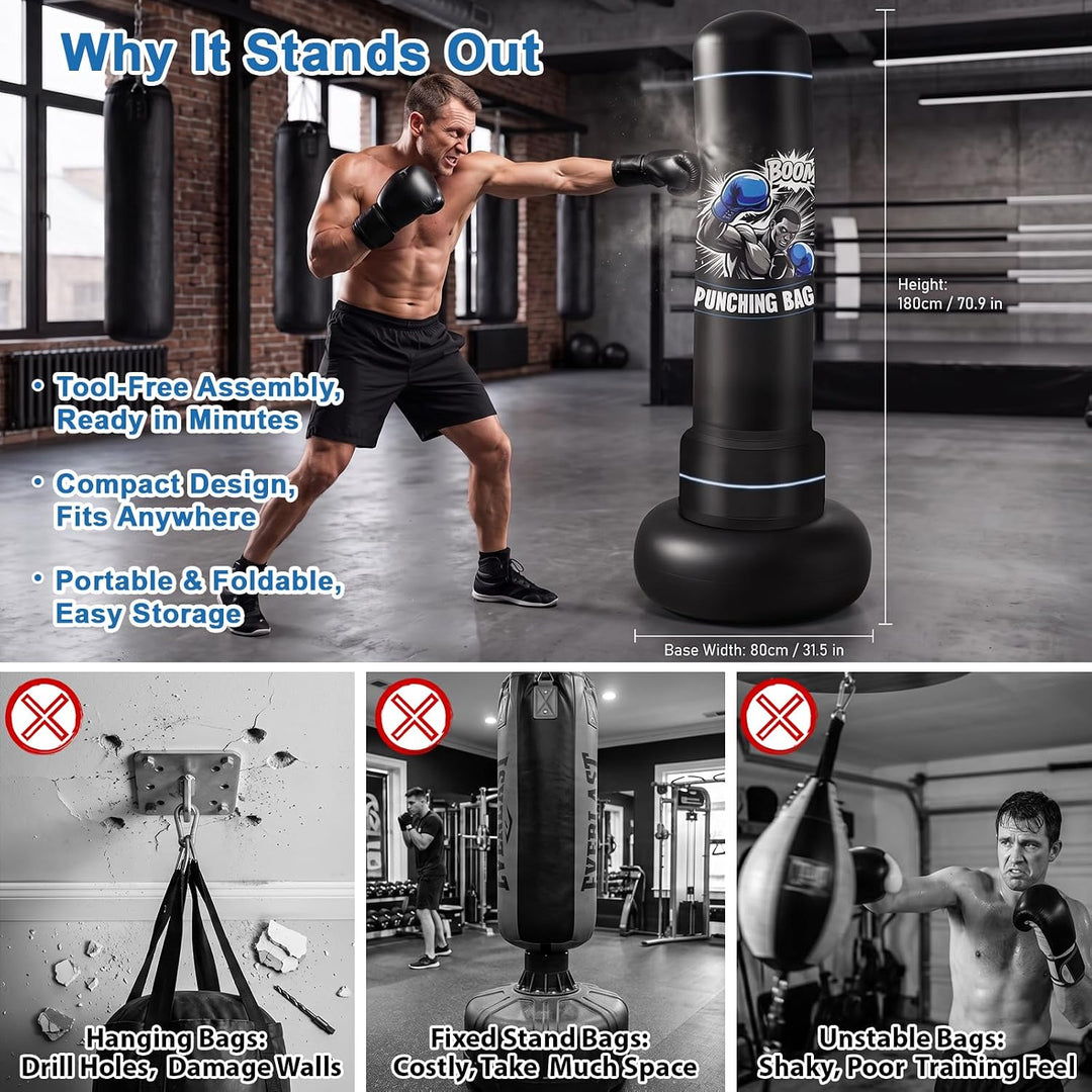 Ninonly Boxsack Stehend 180cm für Erwachsene mit Handschuhen und Pumpe | Aufblasbarer Standboxsack f