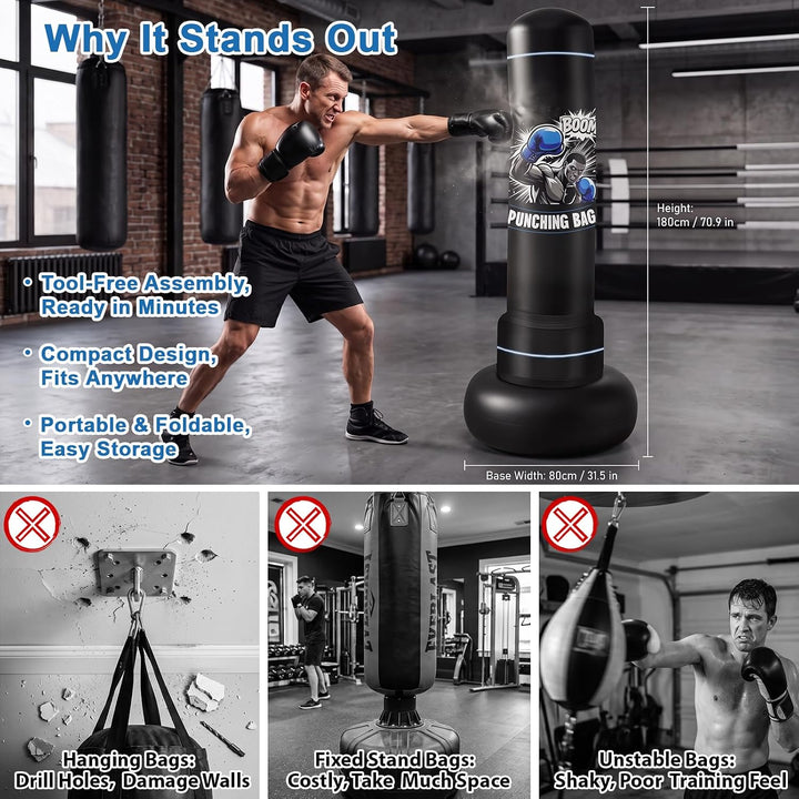 Ninonly Boxsack Stehend 180cm für Erwachsene mit Handschuhen und Pumpe | Aufblasbarer Standboxsack f