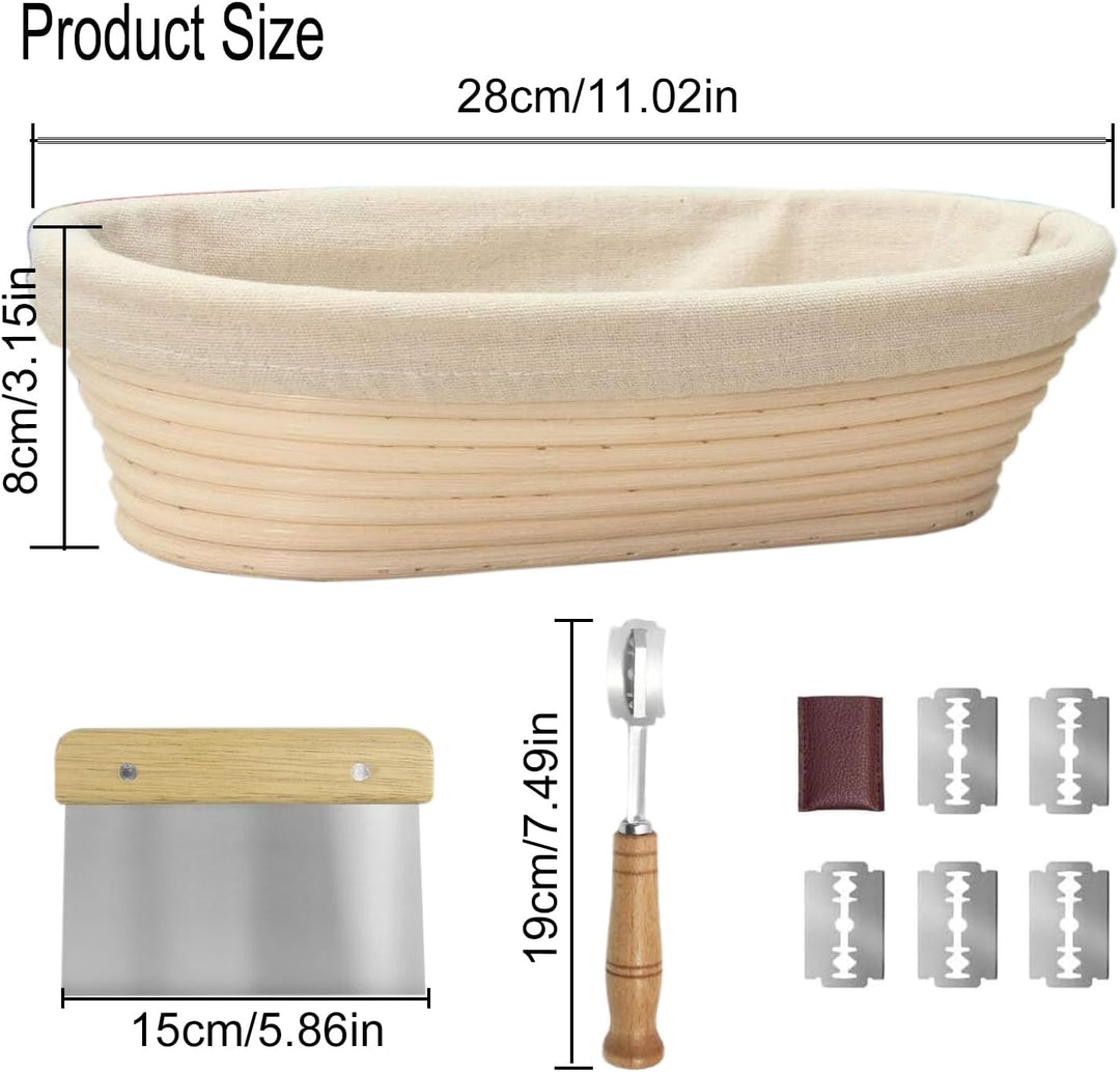 Gärkorb Oval 28cm Set, Gärkörbchen oval, Banneton Proof Basket Korb Set, Natürliches Rattan, Stoffei