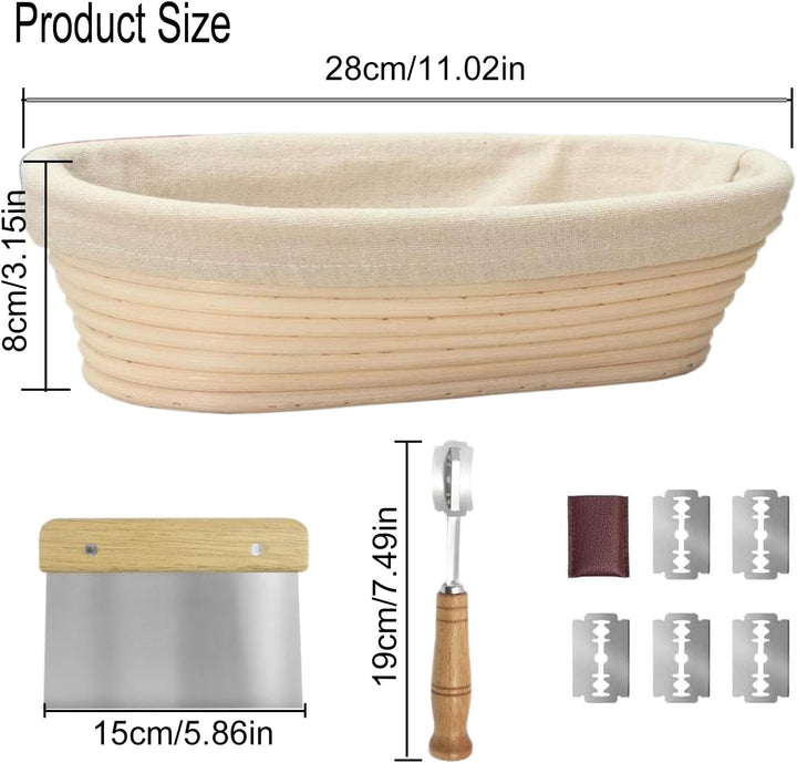 Gärkorb Oval 28cm Set, Gärkörbchen oval, Banneton Proof Basket Korb Set, Natürliches Rattan, Stoffei