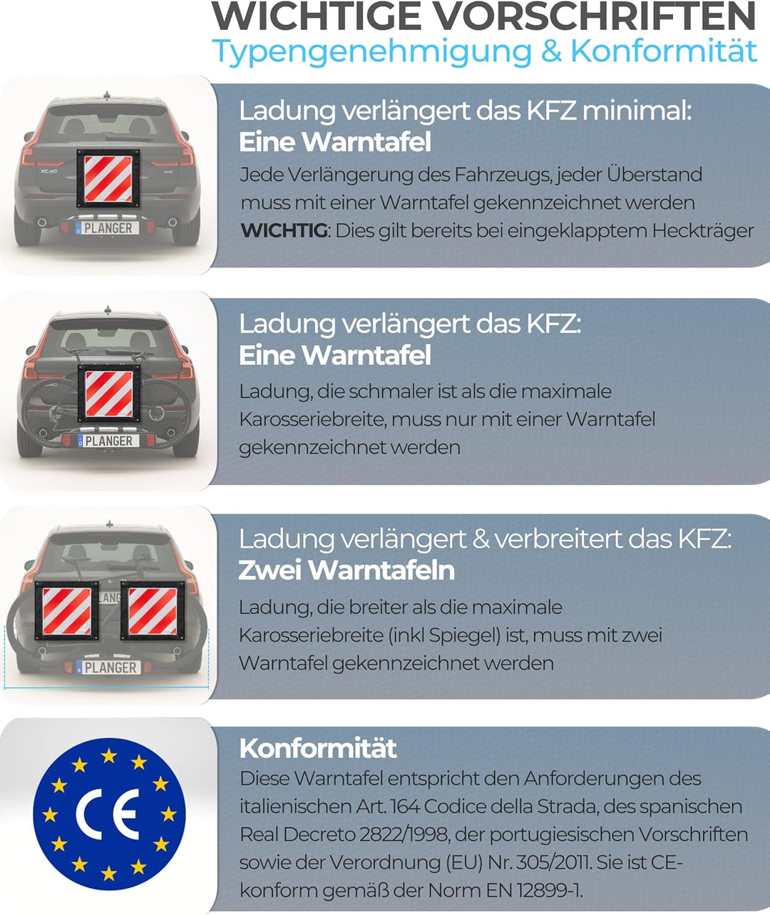 PLANGER® - Warntafel Italien (50 x 50 cm) + Spanner - Reflektierendes Warnschild rot weiss für Heckt