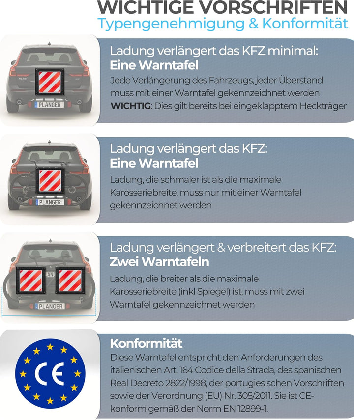 PLANGER® - Warntafel Italien (50 x 50 cm) + Spanner - Reflektierendes Warnschild rot weiss für Heckt