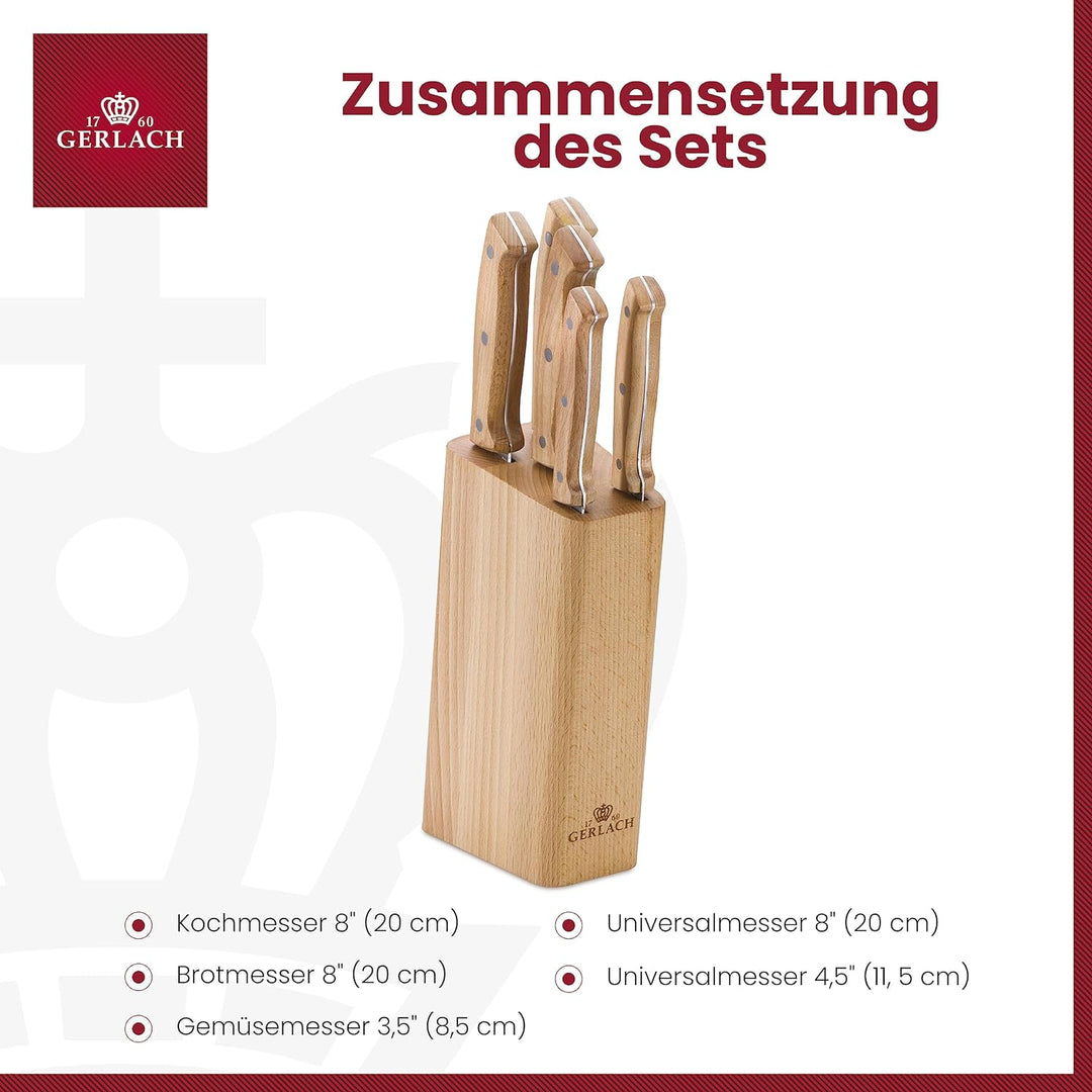 Gerlach Messersatz im Block Country, Edelstahl, Braun, 16 x 8.5 x 36 cm, 5-Einheiten