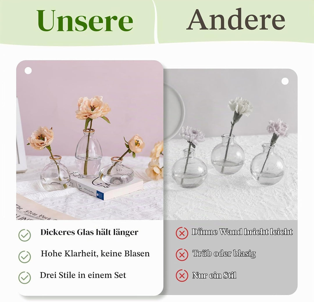 Kleine Vasen Für Tischdeko Vintage Handmade, 3 Teilig Mini Vase Glas Goldrand Blumenvase Modern Set