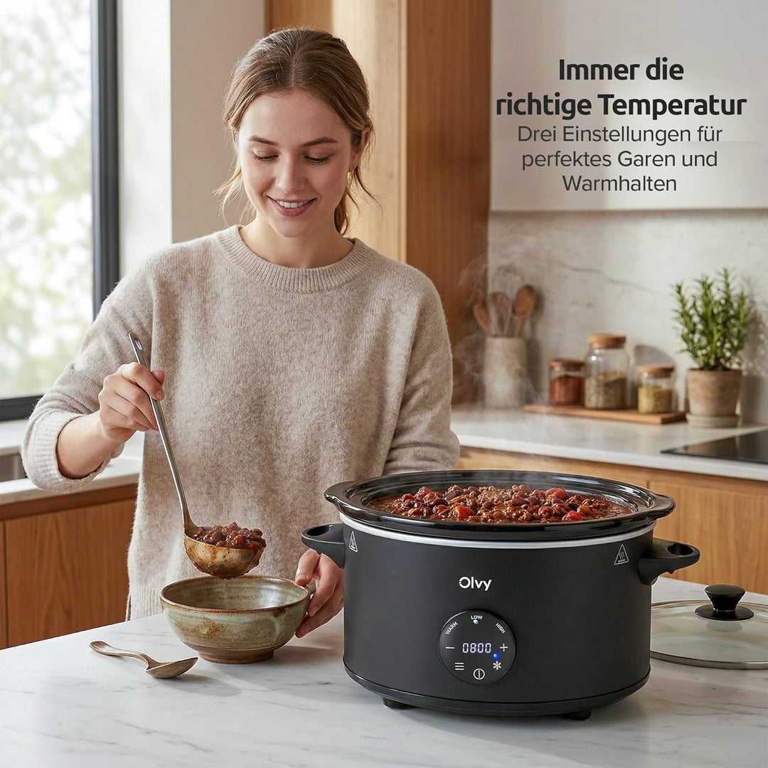 Olvy Slow Cooker 6L Pro Digital Schongarer mit Timer Touchscreen Warmhaltefunktion Auftaufunktion 24