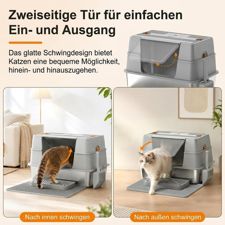 Geschlossene Katzentoilette aus Edelstahl mit Deckel, seitlicher Einstieg aus Metall für grosse Katz