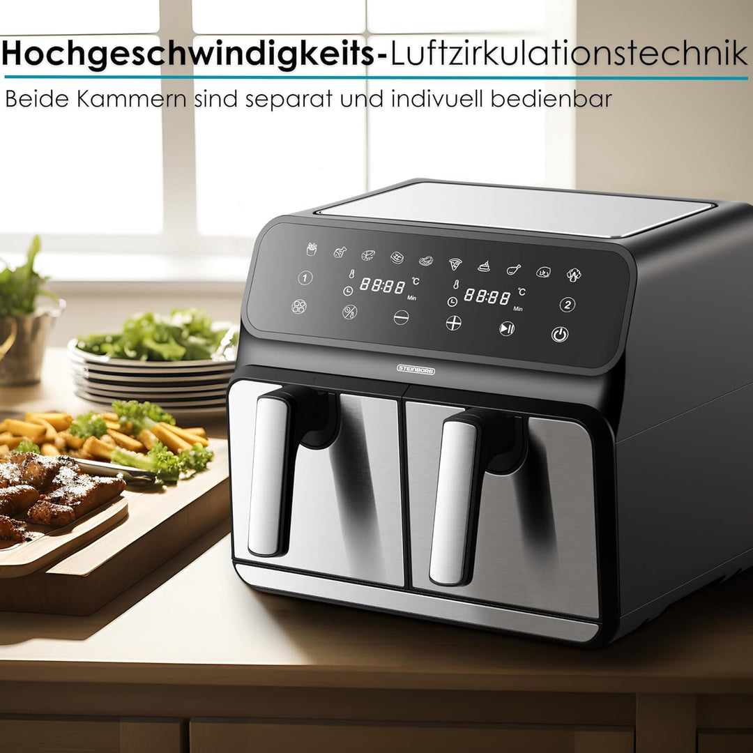 Heissluftfritteuse | 2 Kammern | Heissluftfritteuse | 4 in 1 Mini Backofen | Fritteuse | Dörrautomat