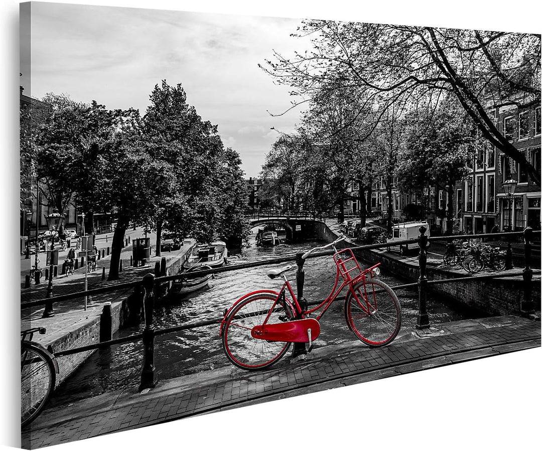 islandburner Bild auf Leinwand Rotes Fahrrad Brücke Schwarz Weiss Bilder Wandbilder Poster Leinwand