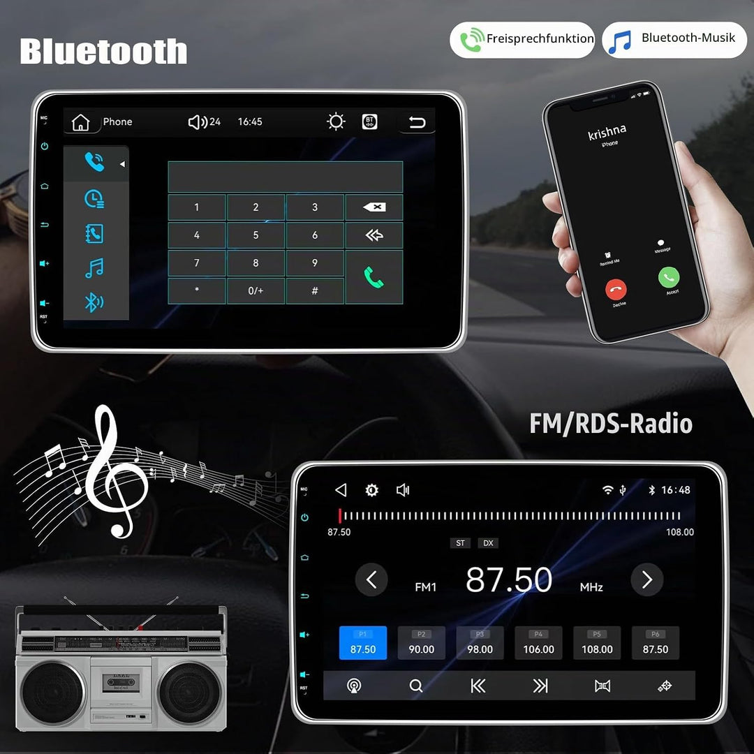 CAMECHO Autoradio mit IPS Bildschirm,10 Zoll 1 Din Apple CarPlay Android Auto Touch Screen Display,