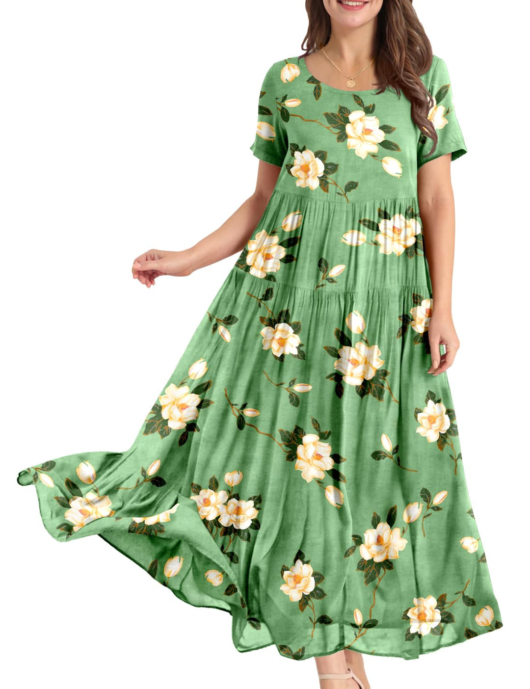 YESNO Damen Kleider Freizeit Lose Sommerkleid Lang Boho Maxikleid für Rundhals Strandkleid Blumenkle