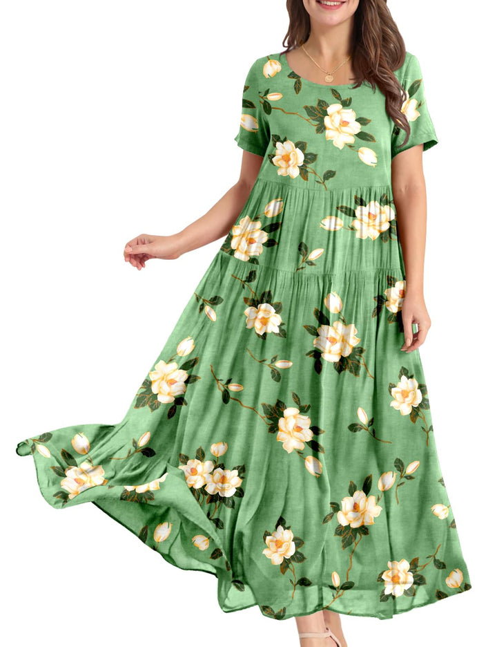 YESNO Damen Kleider Freizeit Lose Sommerkleid Lang Boho Maxikleid für Rundhals Strandkleid Blumenkle