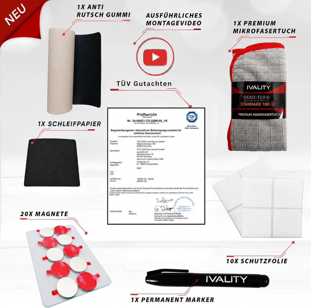 IVALITY® 100% Clean Magnetischer Kennzeichen-Halter - Rahmenloser Magnet-Halter für 1x Kennzeichen -