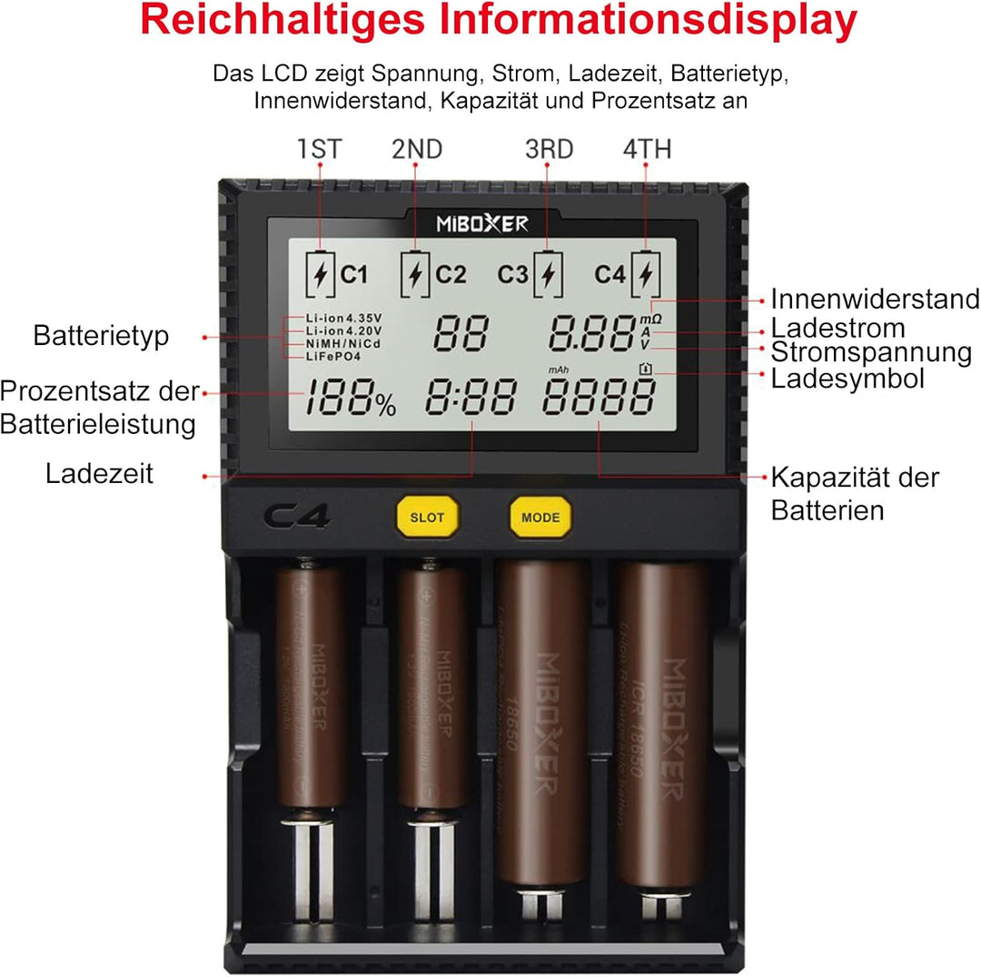 Universal akku Ladegerät, 18650 Baterieaufladegerät mit 4 Schacht, LCD-Display Batterien Ladegerät f