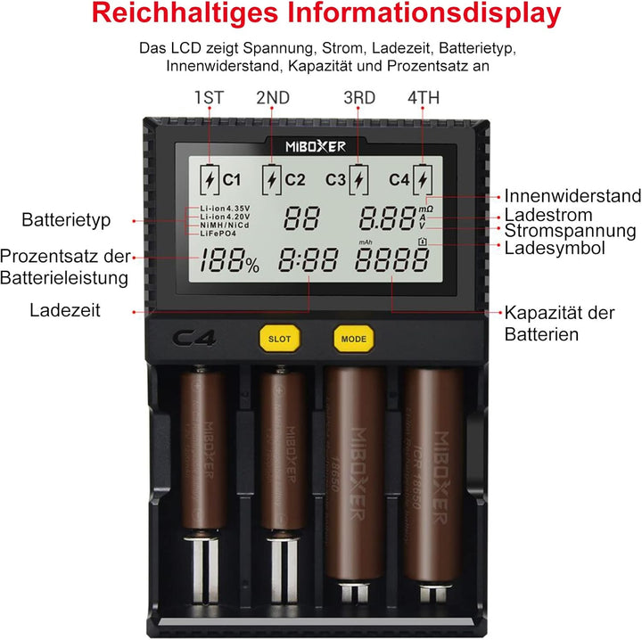 Universal akku Ladegerät, 18650 Baterieaufladegerät mit 4 Schacht, LCD-Display Batterien Ladegerät f