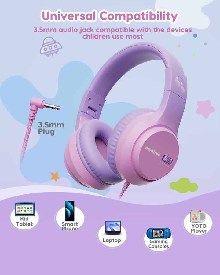awatrue Kinder Kopfhörer, 74/85/94dB Sichere Lautstärke Kopfhörer Kinder mit Kabel, Stereo Sound, Fa