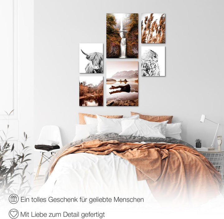 Novart Wandbilder Set Natur Berge See Orange Braun - KEIN EXTRA RAHMEN BENÖTIGT - Modern Deko - Wohn