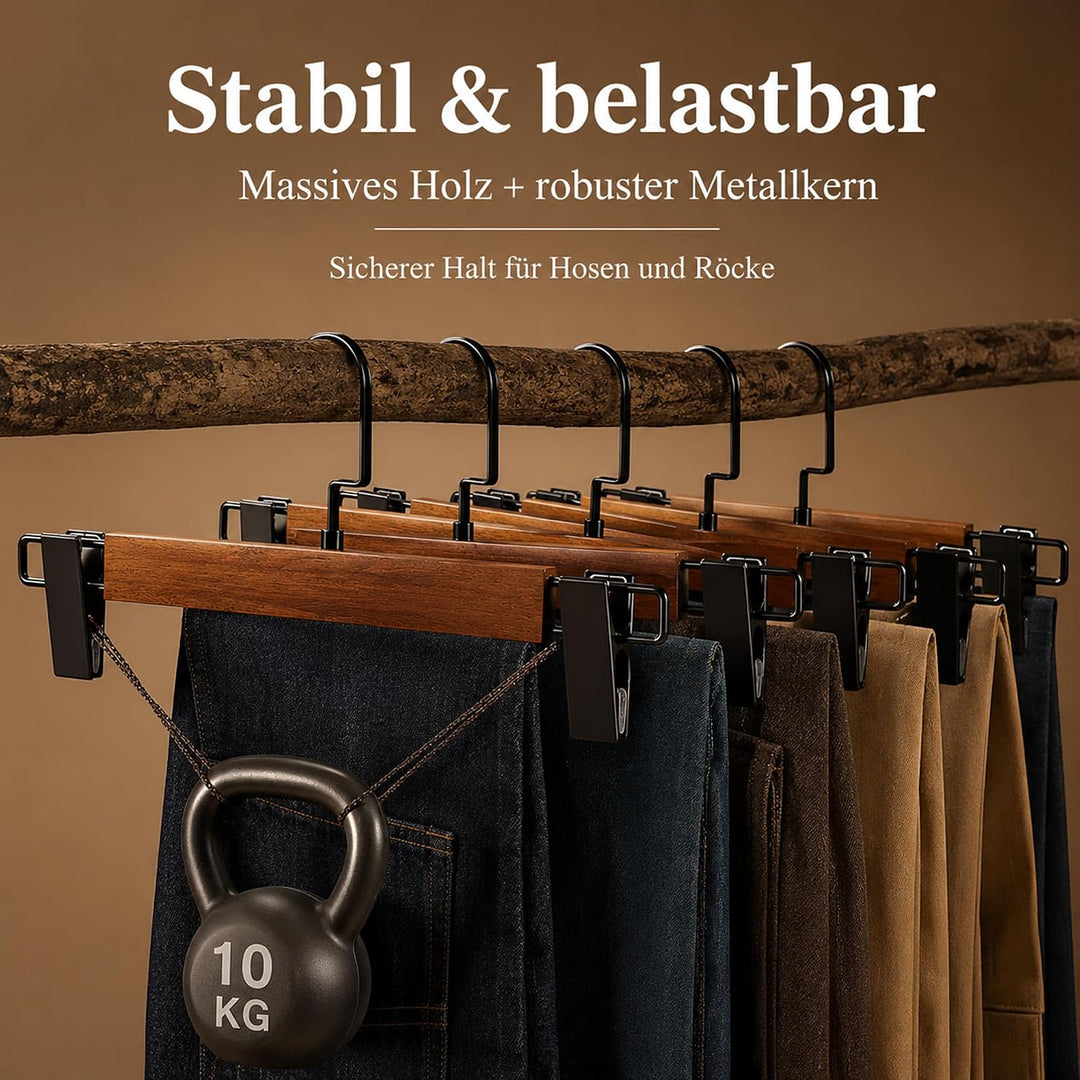 10 Stück Hosenbügel aus Umweltfreundlichem Naturholz, Rockbügel mit Verstellbaren Anti-Rutsch Clips