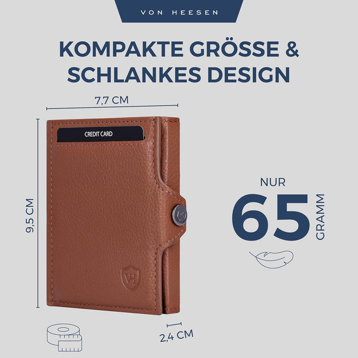 VON HEESEN Slim Wallet mit XXL Münzfach & RFID-Schutz - Leder Geldbeutel - Mini Geldbörse für Herren