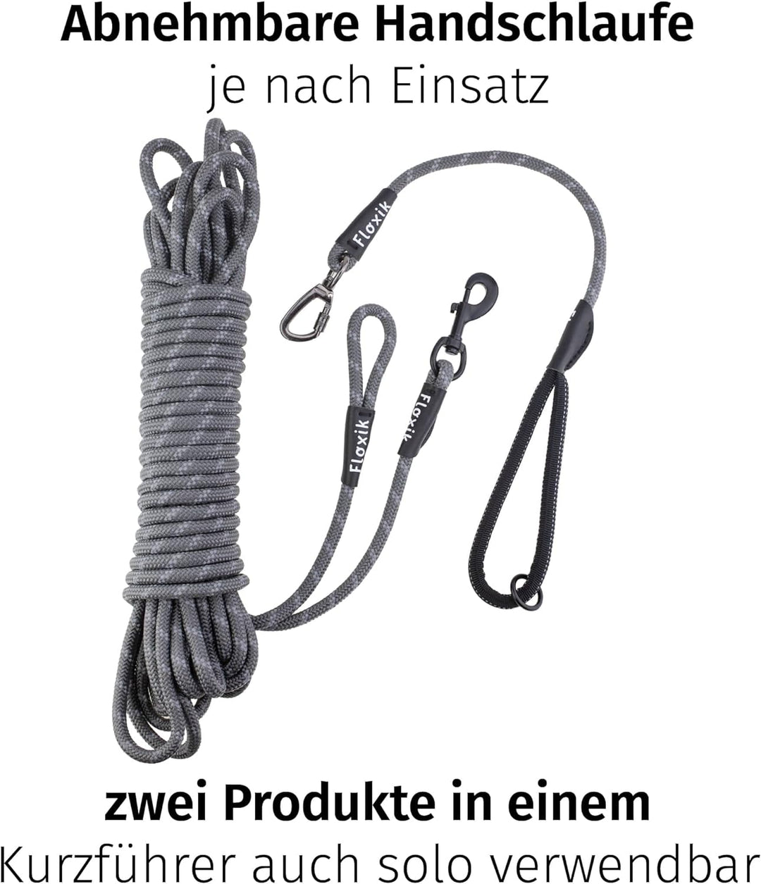 Floxik Schleppleine für Hunde | 5m, 10m, 15m, 20m grau | reflektierende Tauleine mit Abnehmbarer Han