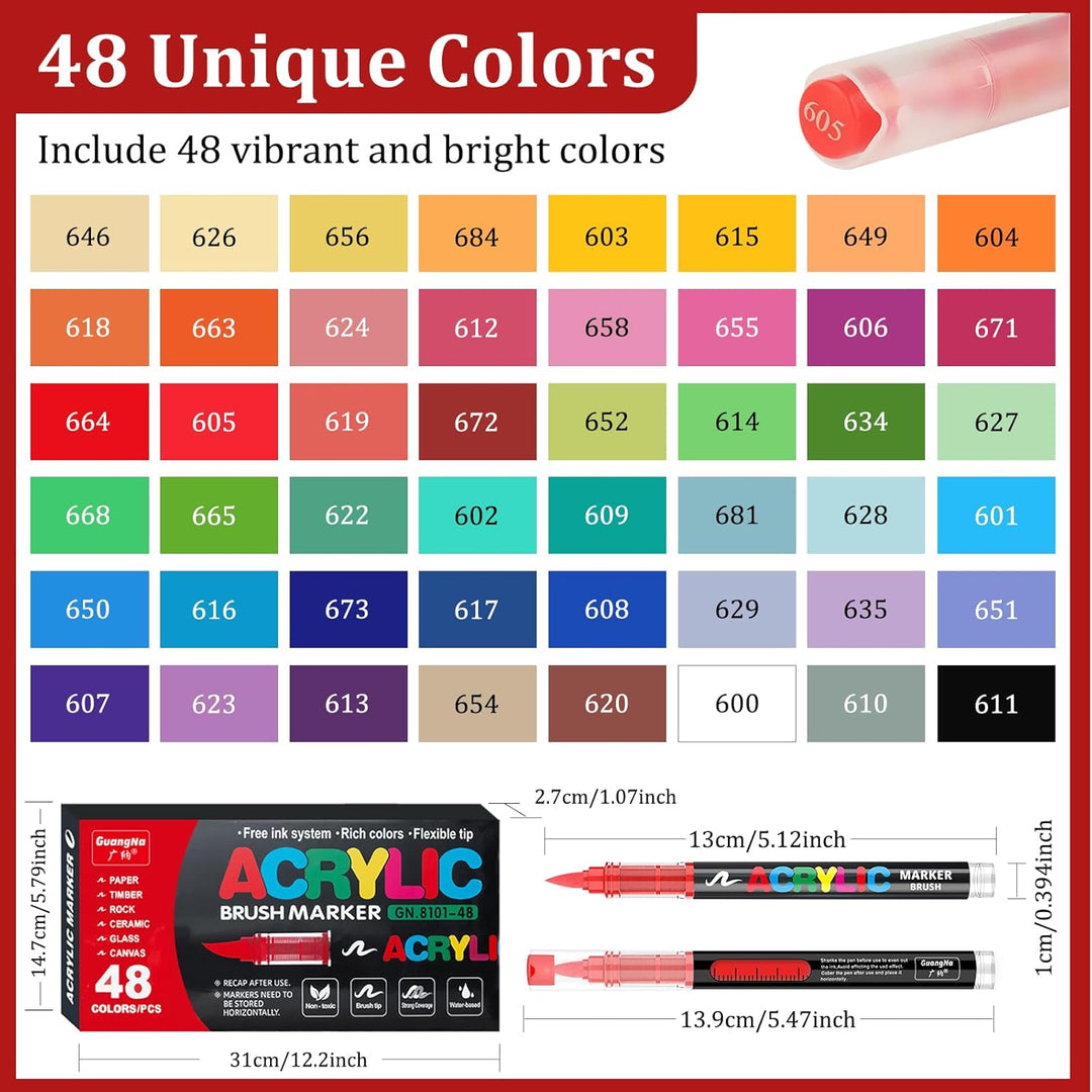 Acrylstifte Set, 48 Farben Acrylic Paint Marker mit flexibler Pinselspitze, Direktflüssigkeit Acryli