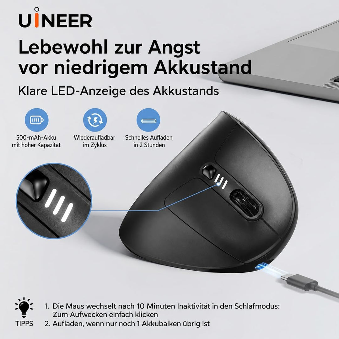 Uineer Ergonomische, kabellose vertikale Maus, dreifarbige Atemlichter, BT5.0/4.0/2.4G Bluetooth, wi
