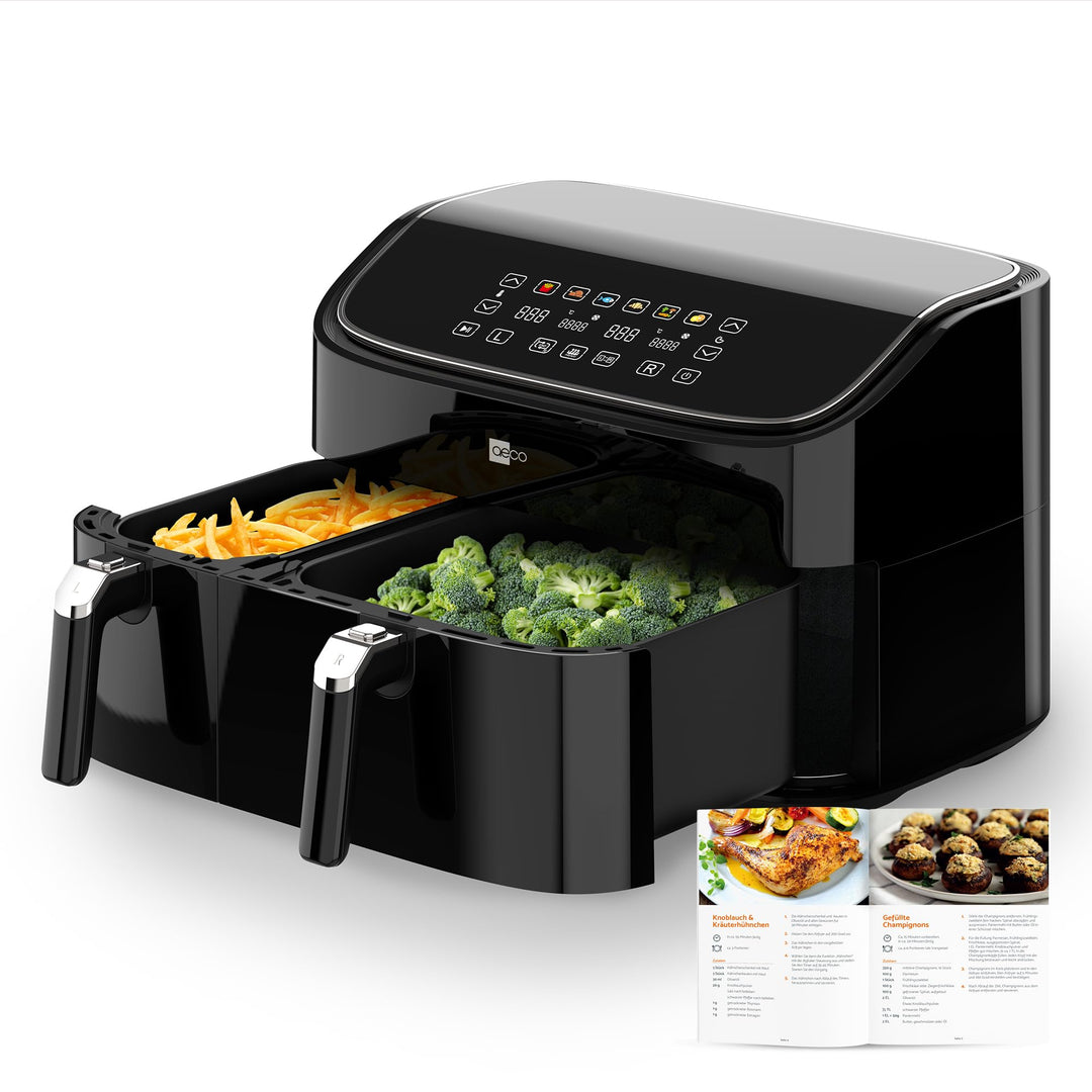 aeco DUO Doppelkammer AirFryer 9 Liter (3l & 6l, Sync-Funktion, Heissluftfritteuse mit digitalem Tou
