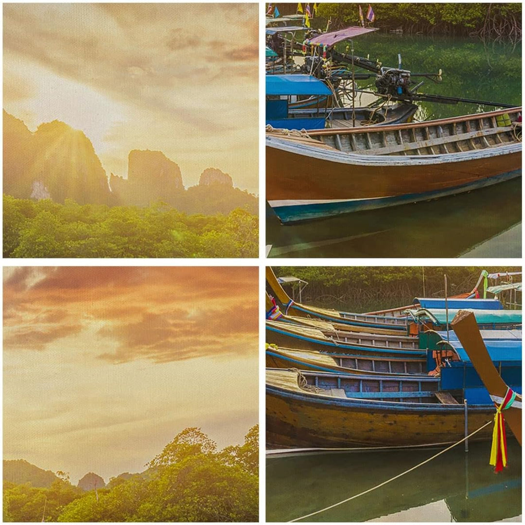 Bilder auf Leinwand Berge Boot Wasser Leinwandbild mit Rahmen 70x50cm Wandbilder Dekoration Wohnzimm