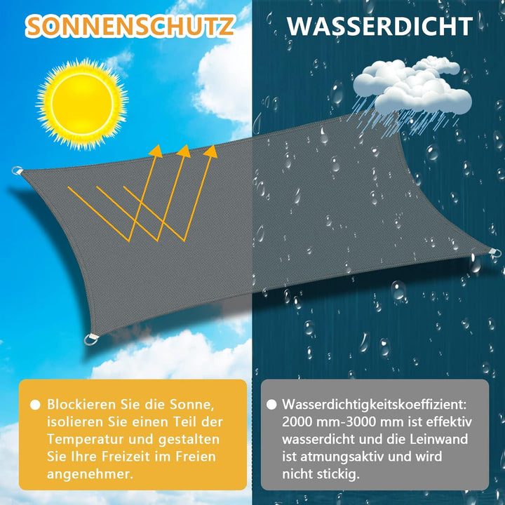 Sonnensegel Rechteckig Wasserdicht UV-Schutz 2 x 3m, Ohne Bohren für Balkon, Terrasse, Garten, Wohnw